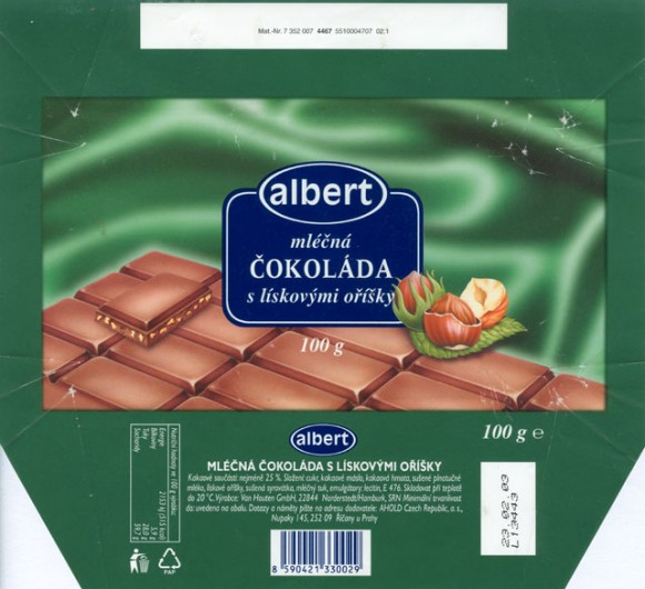 Albert, milk chocolate with hazelnuts, 100g, 23.02.2002, Van Houten GmbH, Hamburg, Germany