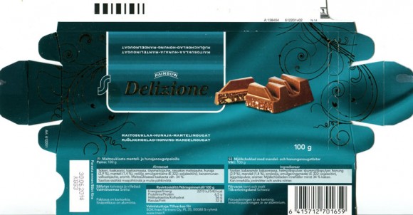 Delizione, milk chocolate with honey and almond nougat pieces, 100g, 30.06.2013, made in Switzerland for Inex Partners Oy