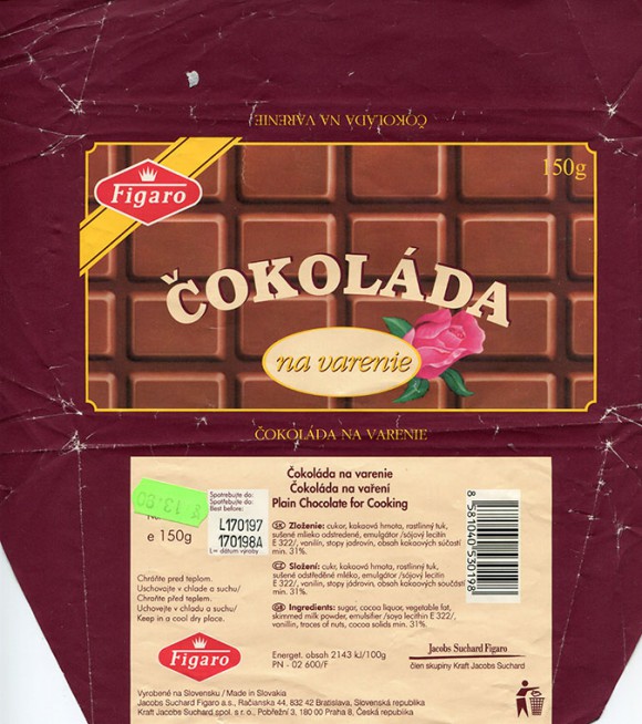 Plain chocolate for cooking, 150g, 17.01.1997, Jacobs Suchard a.s., Bratislava, Slovakia