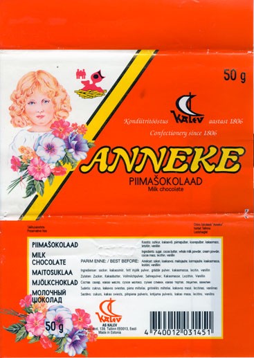 Anneke, milk chocolate, 50g, 06.1996
Kalev, Tallinn, Estonia