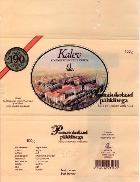 Kalev, milk chocolate with nuts, 100g, 12.1996
Kalev, Tallinn, Estonia
