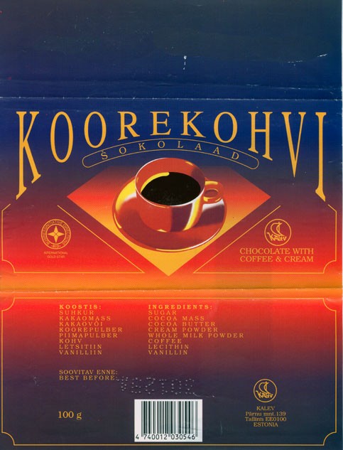 Koorekohvi, chocolate with coffee & cream, 100g, 30.12.1993
Kalev, Tallinn, Estonia