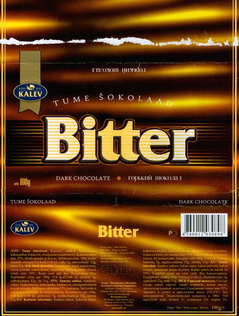 Bitter, dark chocolate. 100g, 05.2004, Kalev, Lehmja, Estonia