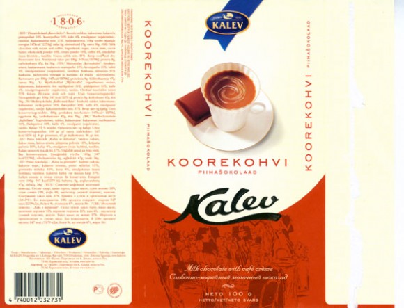Kalev, milk chocolate with cafe creme, 100g, 09.2004, Kalev, Lehmja, Estonia