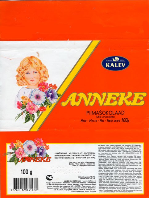 Anneke, milk choclate. 100g, 10.2004, Kalev, Lehmja, Estonia