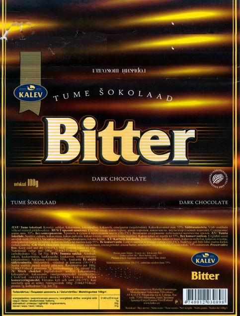 Bitter, dark chocolate, 100g, 04.2005, Kalev, Lehmja, Estonia