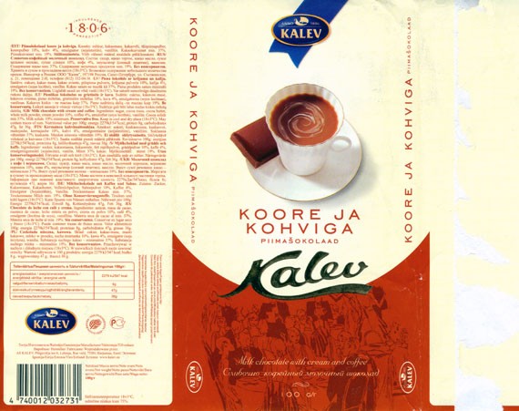 Milk chocolate with cream and coffee, 100g, 09.2005, Kalev, Lehmja, Estonia