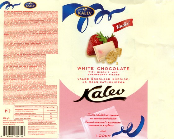 Kalev, white chocolate with biscuit- and strawberry pieces, 100g, 08.02.2007, Kalev, Lehmja, Estonia