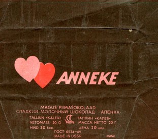 Anneke, Aljonka sweet milk chocolate, 20g, 02.04.1986, Kalev, Tallinn, Estonia, Made in USSR