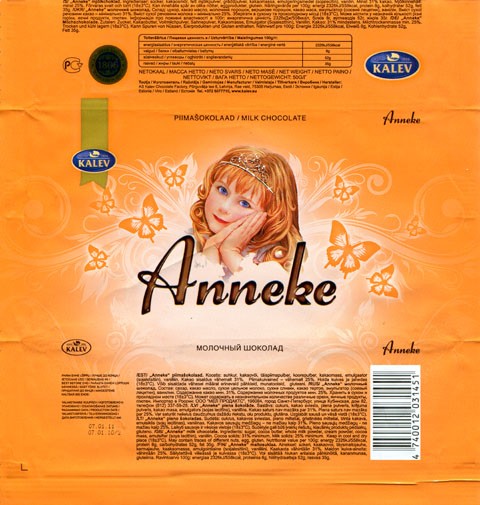 Anneke, milk chocolate, 50g, 07.01.2010, AS Kalev Chocolate Factory , Lehmja, Estonia