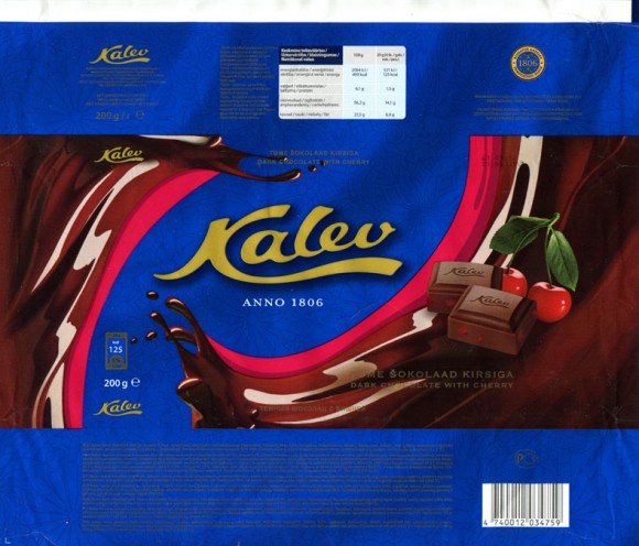 Kalev, dark chocolate with cherry, 200g, 21.09.2011, AS Kalev Chocolate Factory, Lehmja, Estonia