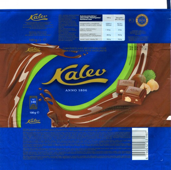 Kalev milk chocolate with hazelnuts, 100g, 28.09.2011, AS Kalev Chocolate Factory, Lehmja, Estonia