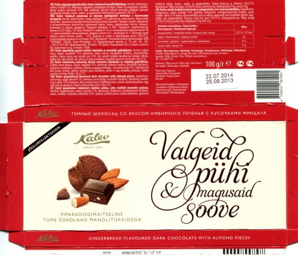 Kalev gingerbread flavoured dark chocolate with almond pieces, 100g, 25.09.2013, AS Kalev Chocolate Factory, Lehmja, Estonia