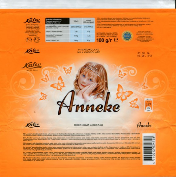 Anneke, milk chocolate, 100g, 03.06.2013, AS Kalev Chocolate Factory, Lehmja, Estonia
