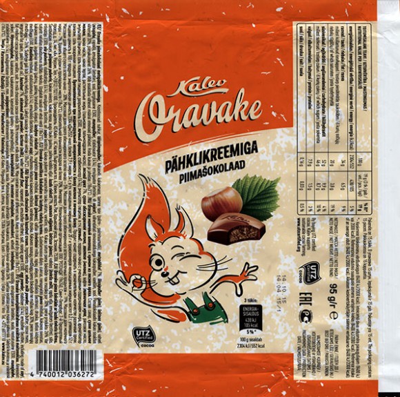 Oravake, milk chocolate with hazelnut cream, 95g, 14.04.2015, AS Kalev, Lehmja, Estonia