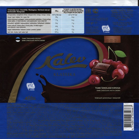Kalev klassika, dark chocolate with cherry, 100g, 28.08.2014, AS Kalev, Lehmja, Estonia