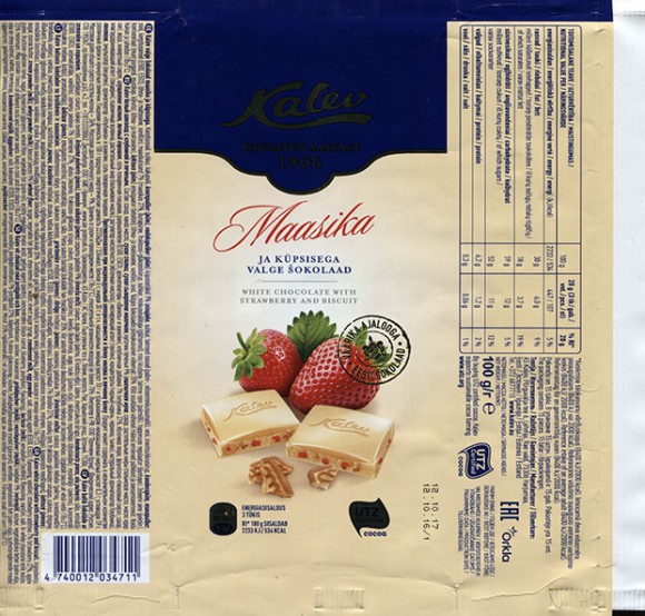 Kalev white chocolate with strawberry and biscuit, 100g, 12.10.2016, AS Kalev, Lehmja, Estonia