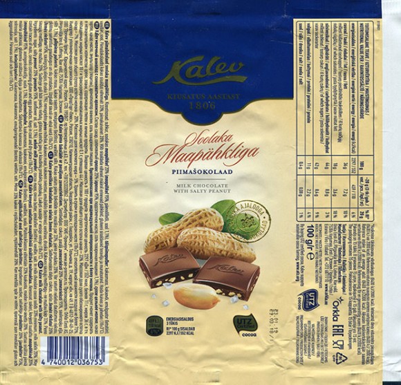 Kalev milk chocolate with salty peanut, 100g, 29.03.2018, Orkla Eesti AS, Kalev, Lehmja, Estonia