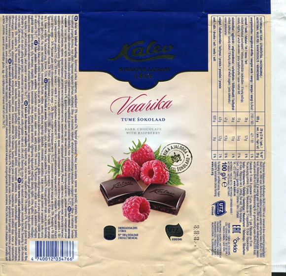 Kalev dark chocolate with raspberry, 100g, 13.03.2018, AS Kalev, Lehmja, Estonia