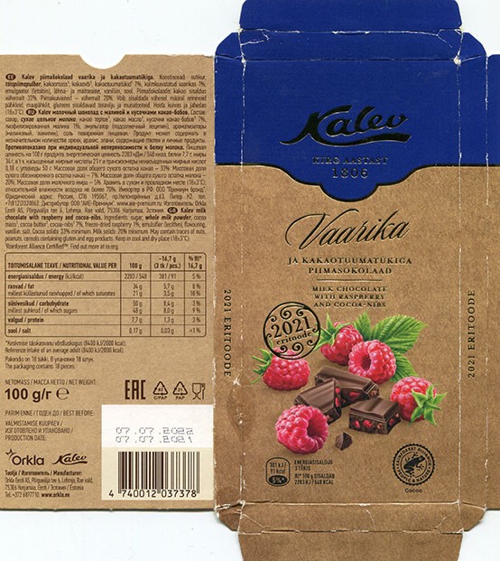 Kalev milk chocolate with raspberry and cocoa nibs, 100g, 07.07.2021, Orkla Eesti AS, Lehmja, Estonia
