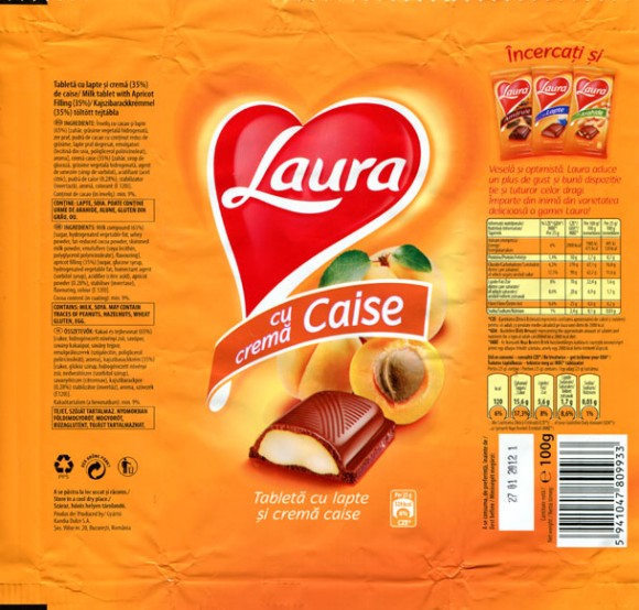 Laura, milk tablet with apricot filling, 100g, 27.01.2011, Kandia Dulce S.A, Bucharest, Romania