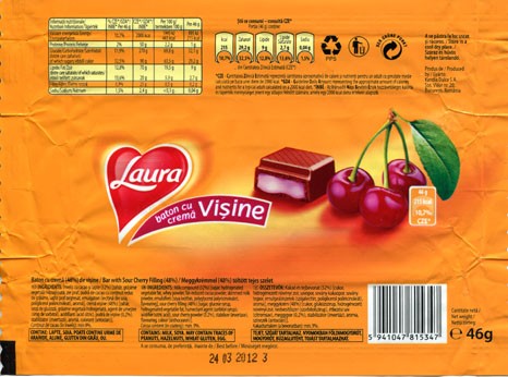 Laura, bar with sour cherry filing, 46g, 24.03.2011, Kandia Dulce S.A, Bucharest, Romania