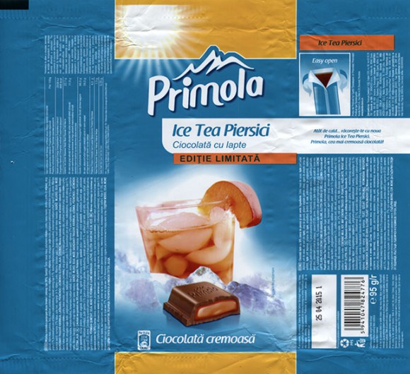 Primola, milk chocolate with peach and green tea filling, 95g, 25.04.2014, Kandia Dulce S.A, Bucharest, Romania