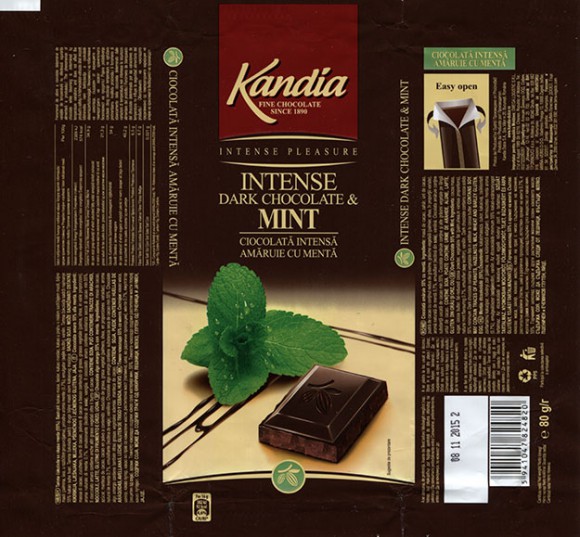 Dark chocolate with mint flavoured, 80g, 08.11.2014, Kandia Dulce S.A, Bucharest, Romania