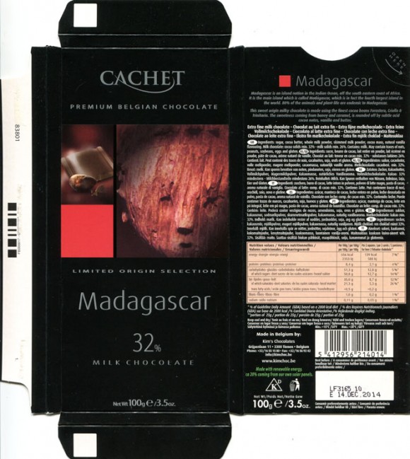 Cachet, Peremium belgian chocolate, limited origin selection, Madagaskar, extra fine milk chocolate, 100g, 14.12.2013, Kim