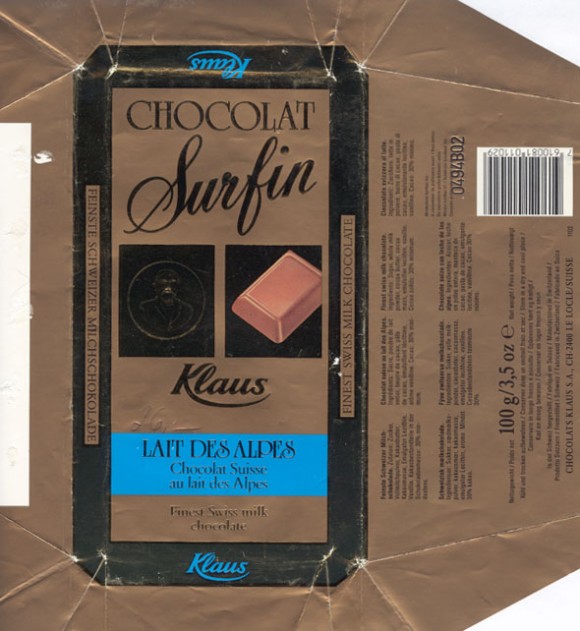 Chocolat Surfin, finest swiss milk chocolate, 100g, 04.1993, Chocolats Klaus S.A., Le Locle, Switzerland