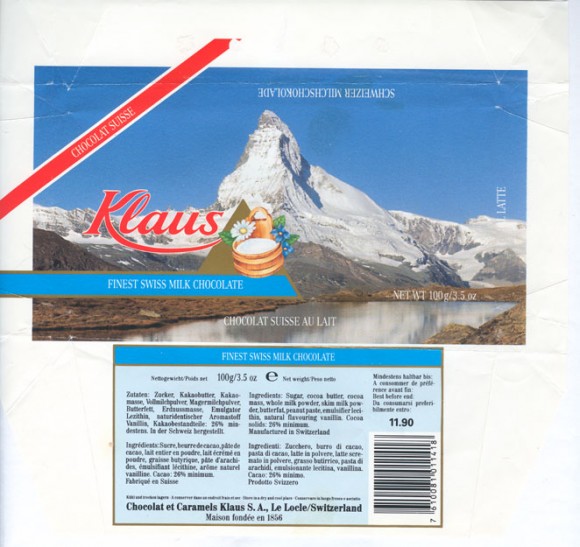Klaus, finest swiss milk chocolate, 100g, 11.1989, Chocolats Klaus S.A., Le Locle, Switzerland