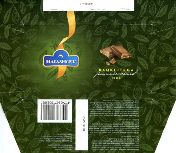 Maiasmokk, milk chocolate with nuts, 100g, 10.2010, Made in EU, OU Kommivabrik, Tallinn, Estonia