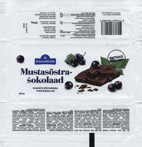 Maiasmokk, 60% dark chocolate with black currants, 100g, 13.10.2016, Made in EU, OU Kommivabrik, Tallinn, Estonia