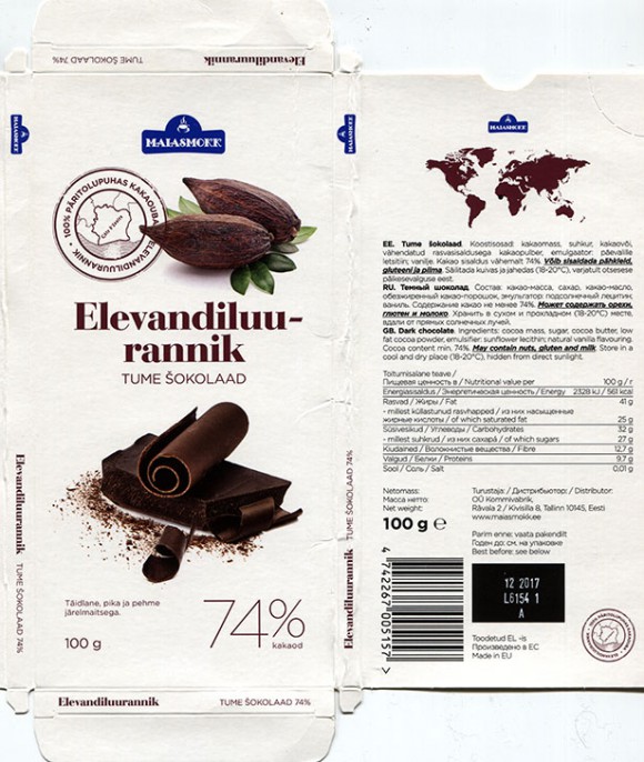 Dark chocolate 74%, 100g, 12.2016, made in EU, Maiasmokk, Kommivabrik, Tallinn, Estonia