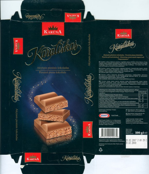 Karaliskas, milk air chocolate, 100g, 20.02.2007, Kraft Foods Polska S.A, Jankowice, Tarnowo Podgorne, Poland
