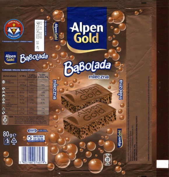 Alpen Gold, aerated milk chocolate, 80g, 12.01.2009, Kraft Foods Polska S.A, Warszawa, Poland