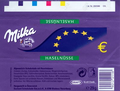 Milka, milk chocolate with hazelnuts, 29g, Suchard-Schokolade Ges.m.b.H., Bludenz, Austria