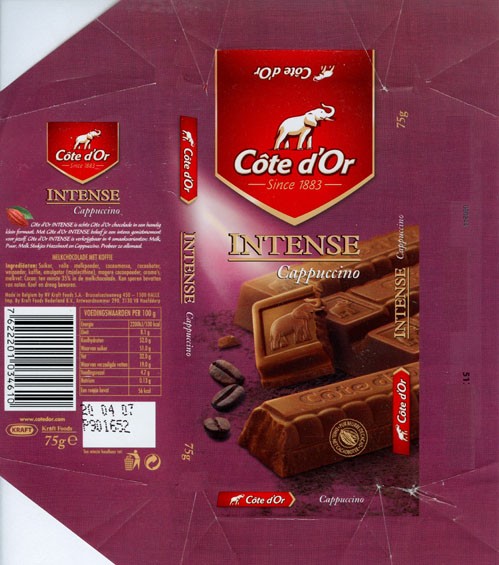 Cote dOr Intense cappuccino, milk chocolate with coffee, 75g, 20.04.2006, Kraft Foods Belgium, Belgium