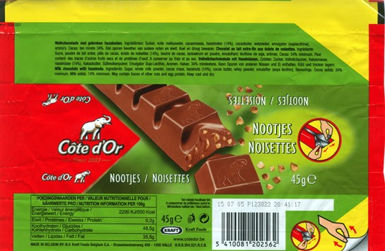 Cote dOr, milk chocolate with hazelnuts, 45g, 15.07.2004, N.V. Kraft Foods Belgium S.A, Halle, Belgium