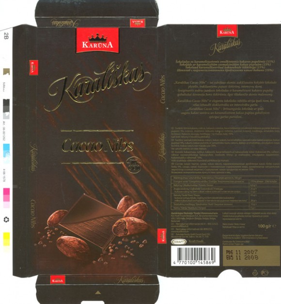 Karaliskas, cacao nibs 70% cacao, dark chocolate with crumbled hazelnuts covered with caramel, 100g, 11.2007, N.V. Kraft Foods Belgium S.A., Halle, Belgium