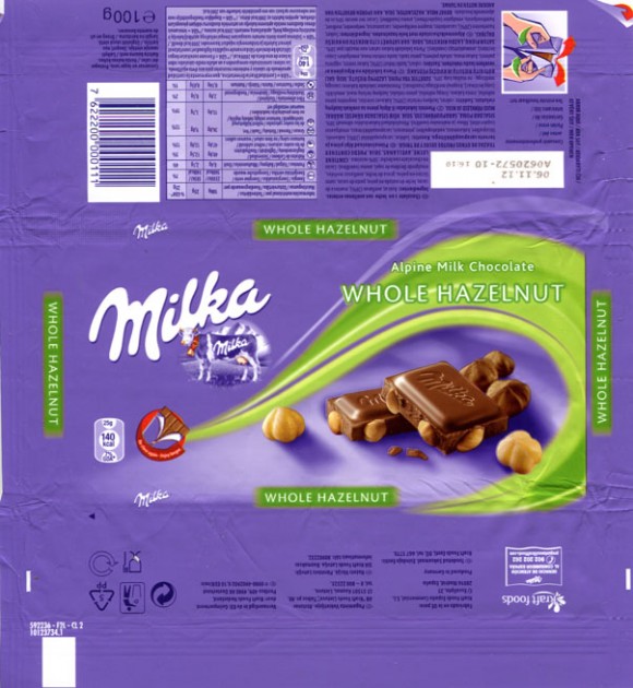 Milka, milk chocolate with whole hazelnuts, 100g, 06.11.2011, Kraft Foods Espana Commercial, S.L., Madrid, Spain 