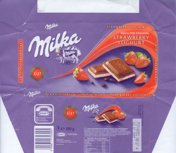 Milka, milk chocolate with alpine milk and strawberry yoghurt, 100g, 02.02.2006, Kraft Foods Hungary, Budapest, Hungary