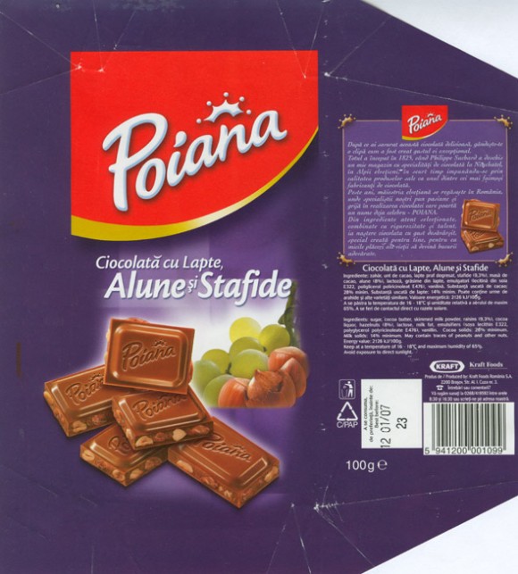 Poiana, milk chocolate with raisins and nuts, 100g, 12.01.2006, Kraft Foods Romania, Brasov, Romania