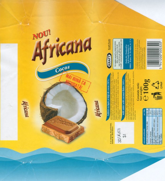 Africana, milk tablet with coconut flakes, 100g, 30.06.2007, Kraft Foods Romania, Brasov, Romania