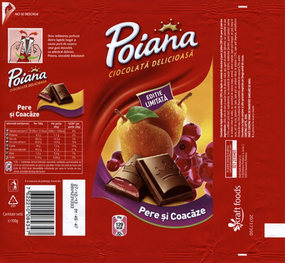 Poiana, milk chocolate with red currants and pears filling, 100g, 27.12.2012, Kraft Foods Romania S.A, Bucuresti, Romania