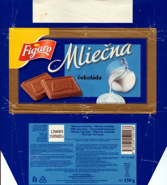 Figaro, Mliecna cokolada, milk chocolate,150g, 26.09.2001
Kraft Foods Slovakia, Bratislava, Slovakia