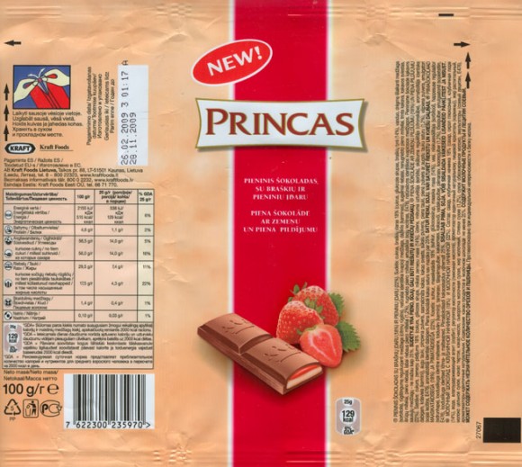 Princas, milk chocolate with strawberry filling, 100g, 26.02.2009, AB Kraft Foods Lietuva, Kaunas, Lithuania