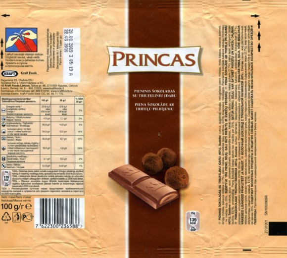 Princas, milk chocolate with truffel filling, 100g, 20.08.2009, AB Kraft Foods Lietuva, Kaunas, Lithuania