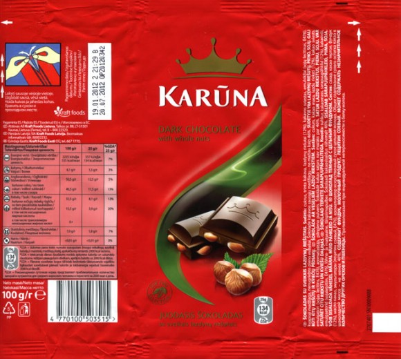 Karuna, chocolate with whole hazelnut, 100g, 19.01.2012, Kraft Foods Lietuva, Kaunas, Lithuania