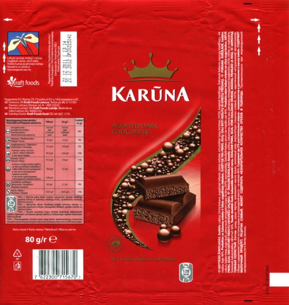 Karuna, aerated dark chocolate, 80g, 22.12.2011, Kraft Foods Lietuva, Kaunas, Lithuania